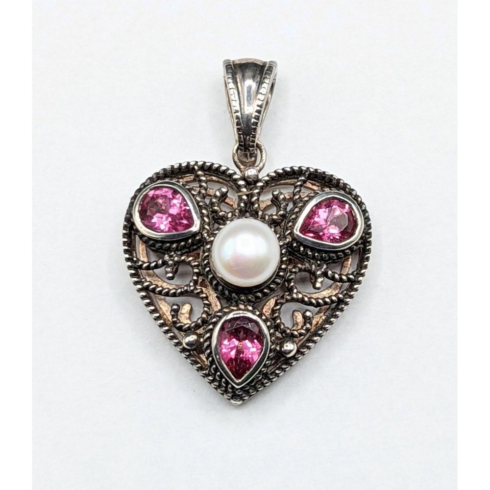 Signed HT Sterling Silver Pink Teardrop Gemstone Pearl Heart Enhancer Pendant